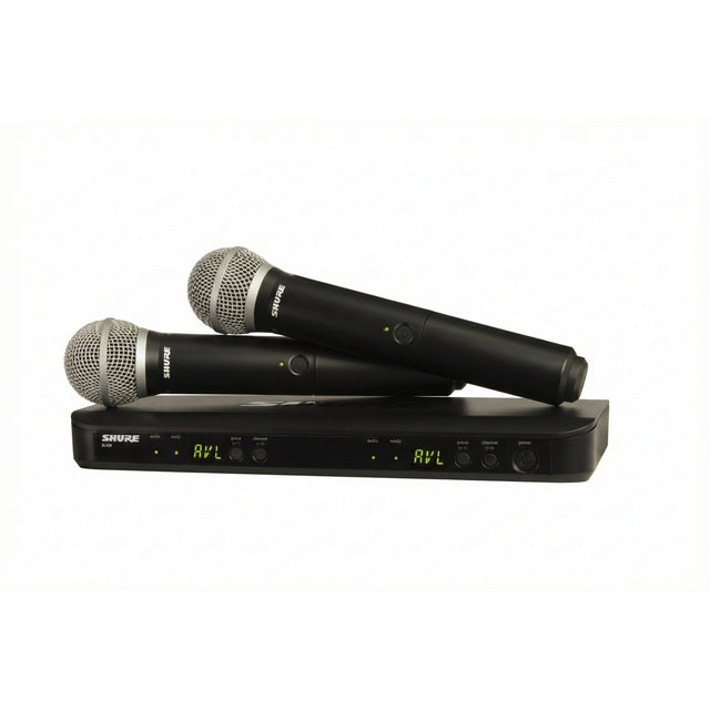 Shure wireless microphone system with receiver and two handheld microphones on a white background