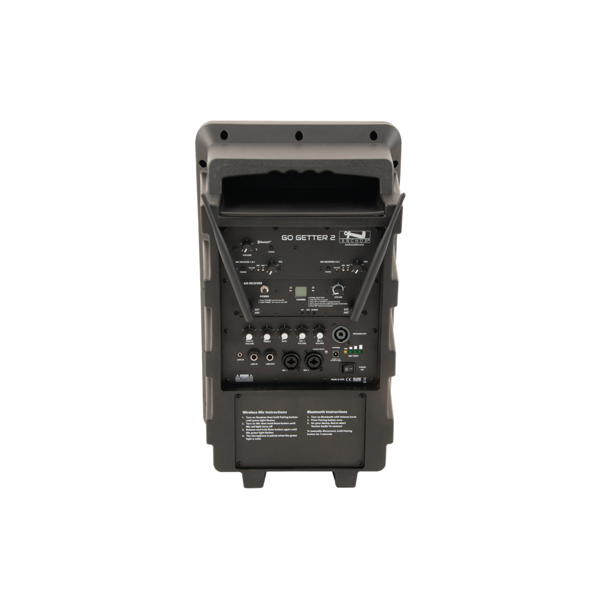 Anchor Audio Go Getter System X1 PA System with Wireless Mic and Stand - Go Getter 2 rear panel with mixer inputs and AnchorLink controls