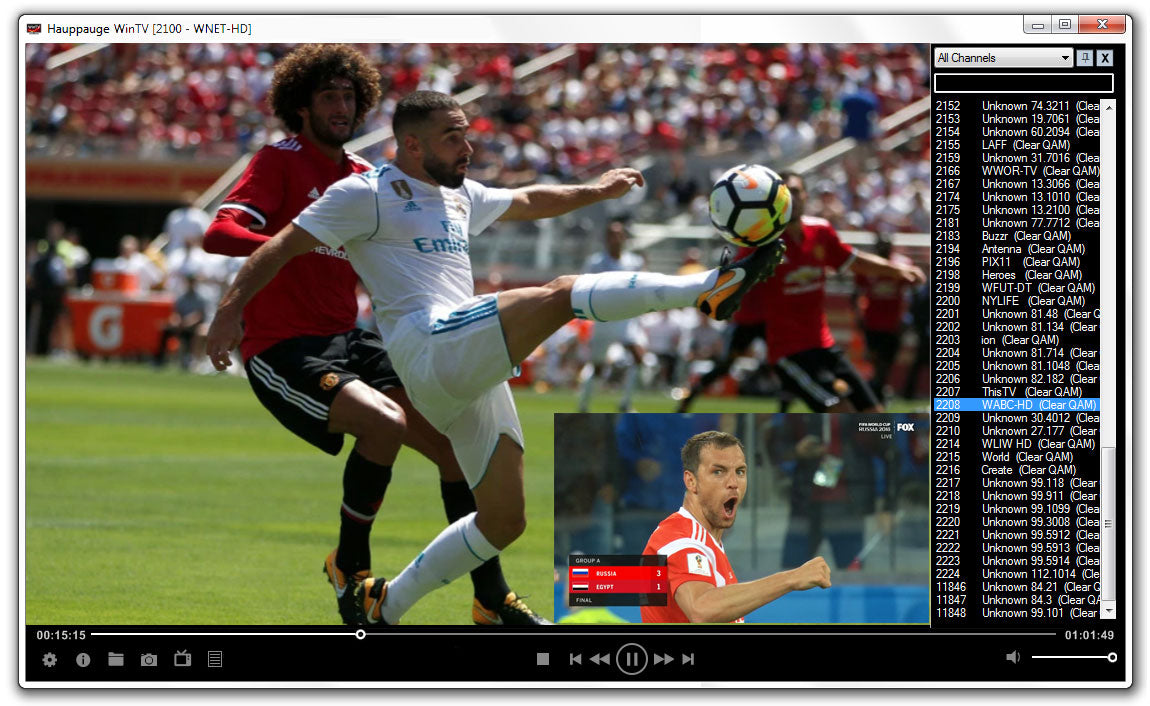 Hauppauge WinTV-dualHD software interface showing dual TV tuner playback on a PC, with a soccer match in the main window, picture-in-picture of another channel, and a channel list on the right side