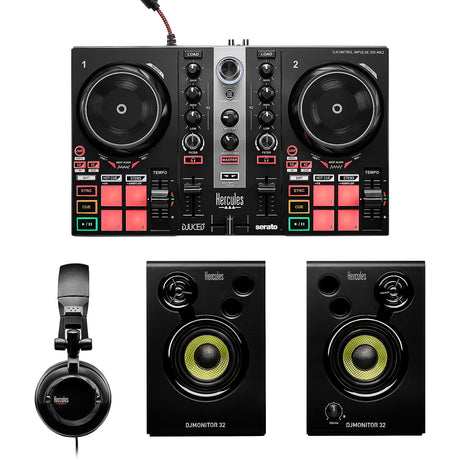 Hercules DJLearning Kit MK2 beginner DJ package with Inpulse 200 MK2 controller DJMonitor 32 speakers and HDP DJ45 headphones