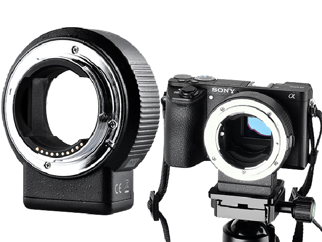 Commlite CM-ENF-E1-PRO electronic lens adapter, Nikon F-mount lens to Sony E-mount camera, with autofocus, electronic aperture control, EXIF data transmission, 0.71x focal reducer, and VR stabilization support