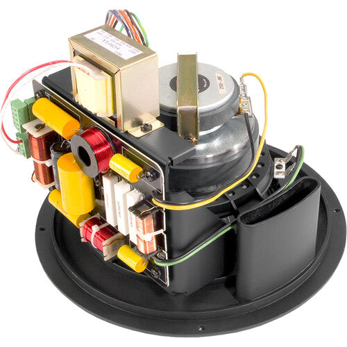 Rear view of JBL Control 328C 8-inch coaxial ceiling loudspeaker internals, showing black chassis with yellow and red capacitors, inductor coils, transformer, crossover wiring, HF compression driver, and mounting baffle