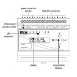 Diagram of PXM PX786 Gate 4 DMX Art-Net Interface with LCD display and 4 screw terminal DMX outputs for DIN rail mounting
