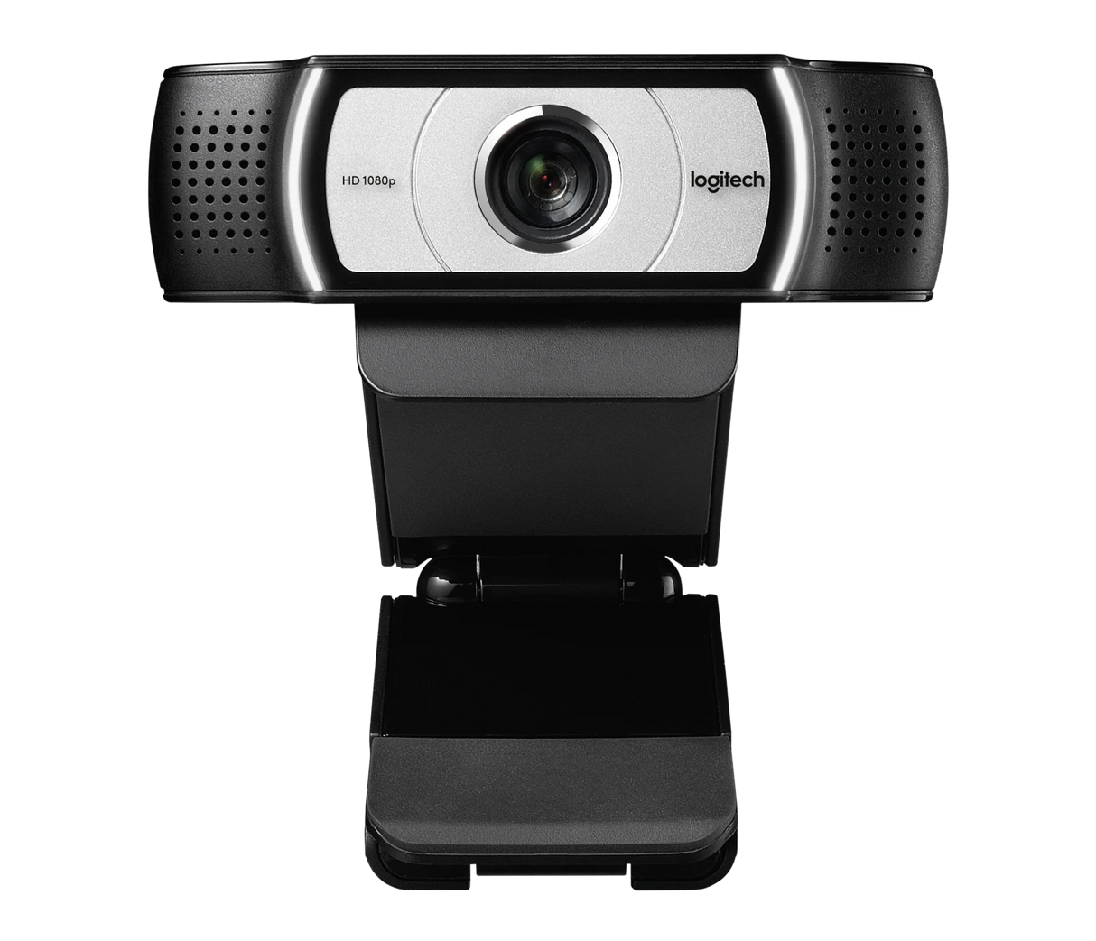 Logitech C930e 1080p webcam front view with HD lens, clip mount, and vented sides on black background
