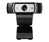 Logitech C930e 1080p webcam front view with HD lens, clip mount, and vented sides on black background