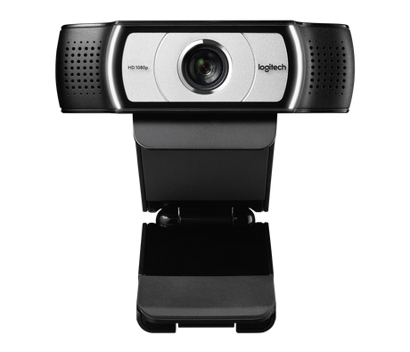 Logitech C930e 1080p webcam front view with HD lens, clip mount, and vented sides on black background