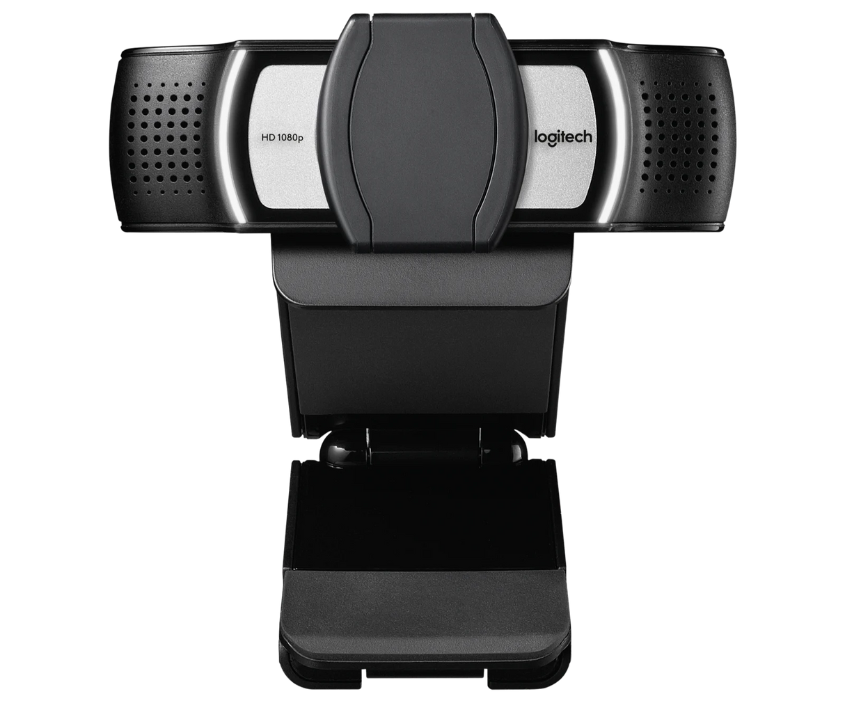Logitech C930e 1080p webcam side angle view with adjustable clip and HD lens on black background
