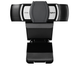 Logitech C930e 1080p webcam side angle view with adjustable clip and HD lens on black background