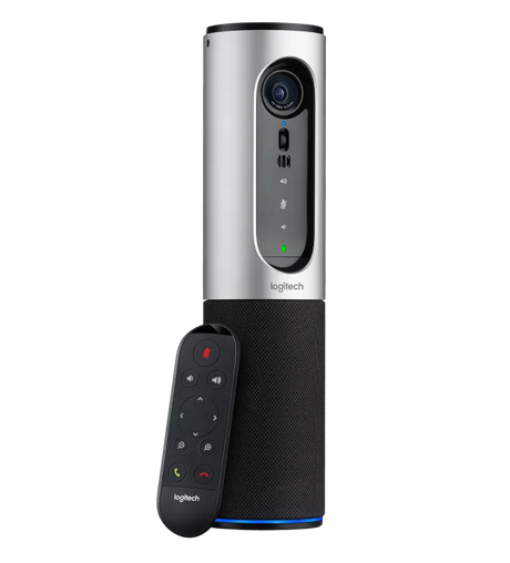 Logitech ConferenceCam Connect silver portable video conferencing camera with Bluetooth speakerphone 90 degree field of view USB cable and remote
