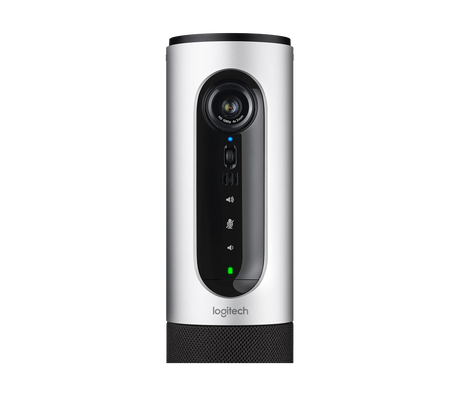 Logitech ConferenceCam Connect silver portable video conferencing camera with Bluetooth speakerphone 90 degree field of view USB cable and remote
