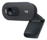 Logitech C505e HD business webcam front view showing lens, status LED, and integrated omnidirectional microphone grille in black plastic housing