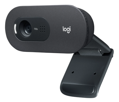 Logitech C505e HD business webcam front view showing lens, status LED, and integrated omnidirectional microphone grille in black plastic housing