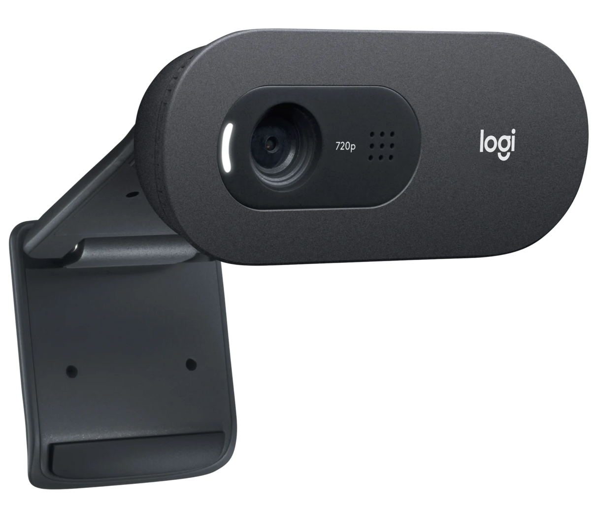 Logitech C505e HD business webcam front view showing lens, status LED, and integrated omnidirectional microphone grille in black plastic housing
