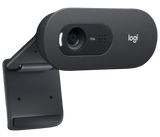 Logitech C505e HD business webcam front view showing lens, status LED, and integrated omnidirectional microphone grille in black plastic housing

