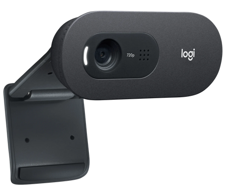 Logitech C505e HD business webcam front view showing lens, status LED, and integrated omnidirectional microphone grille in black plastic housing
