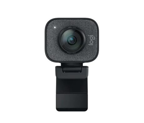 Logitech StreamCam HD webcam in graphite with dual front-facing microphones, compact rectangular design, front glass lens, and adjustable monitor mount for Full HD 1080p streaming