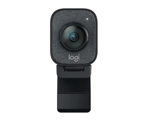 Logitech StreamCam HD webcam in graphite with dual front-facing microphones, compact rectangular design, front glass lens, and adjustable monitor mount for Full HD 1080p streaming