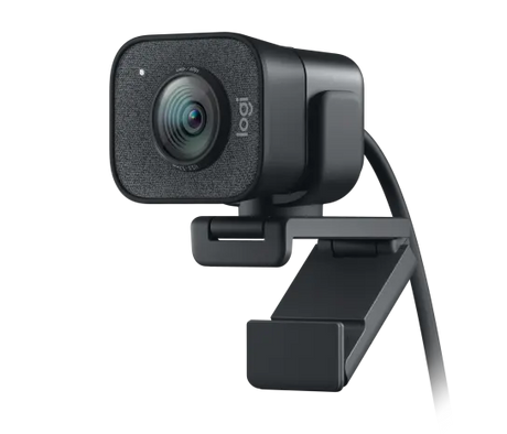 Logitech StreamCam HD webcam in graphite with dual front-facing microphones, compact rectangular design, front glass lens, and adjustable monitor mount for Full HD 1080p streaming