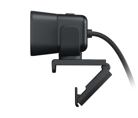 Logitech StreamCam HD webcam in graphite with dual front-facing microphones, compact rectangular design, front glass lens, and adjustable monitor mount for Full HD 1080p streaming