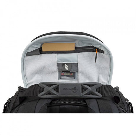 Lowepro ProTactic BP 450 AW II front stretch pocket and zippered compartments for batteries, cables, and small items