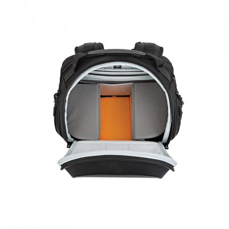 Lowepro ProTactic BP 450 AW II top turret lid open, revealing padded camera insert for quick DSLR or mirrorless grab