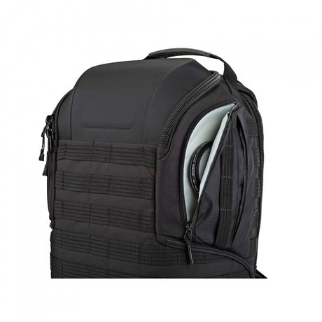 Lowepro ProTactic BP 450 AW II side quick-access zipper panel for camera gear, showing adjustable dividers inside the main compartment