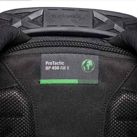 Green Line sustainability label on Lowepro ProTactic BP 450 AW II, highlighting 63% recycled solution-dyed fabrics