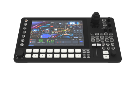 Sprolink MC-NDI NDI switcher angle view showing touchscreen and controls