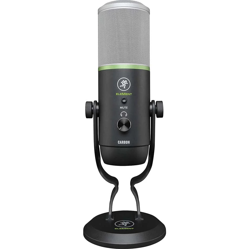 Mackie Carbon USB multi-pattern condenser microphone with five polar patterns, Onyx preamp circuitry, gain and mute controls, headphone output, mic stand, and USB-C cable