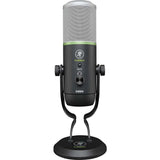 Mackie Carbon USB multi-pattern condenser microphone with five polar patterns, Onyx preamp circuitry, gain and mute controls, headphone output, mic stand, and USB-C cable