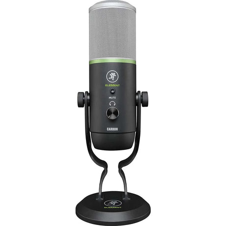 Mackie Carbon USB multi-pattern condenser microphone with five polar patterns, Onyx preamp circuitry, gain and mute controls, headphone output, mic stand, and USB-C cable