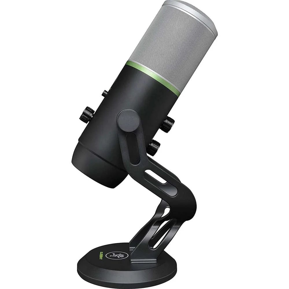 Mackie Carbon USB multi-pattern condenser microphone with five polar patterns, Onyx preamp circuitry, gain and mute controls, headphone output, mic stand, and USB-C cable