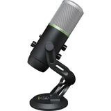 Mackie Carbon USB multi-pattern condenser microphone with five polar patterns, Onyx preamp circuitry, gain and mute controls, headphone output, mic stand, and USB-C cable