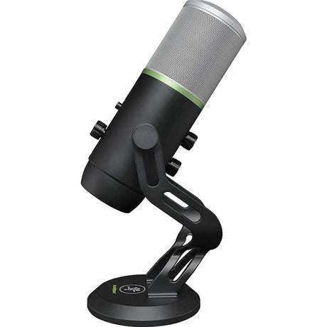 Mackie Carbon USB multi-pattern condenser microphone with five polar patterns, Onyx preamp circuitry, gain and mute controls, headphone output, mic stand, and USB-C cable