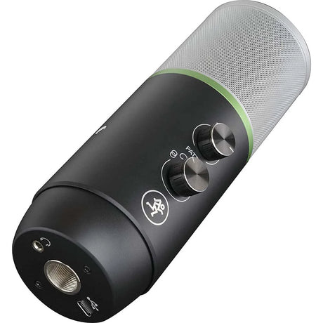 Mackie Carbon USB multi-pattern condenser microphone with five polar patterns, Onyx preamp circuitry, gain and mute controls, headphone output, mic stand, and USB-C cable