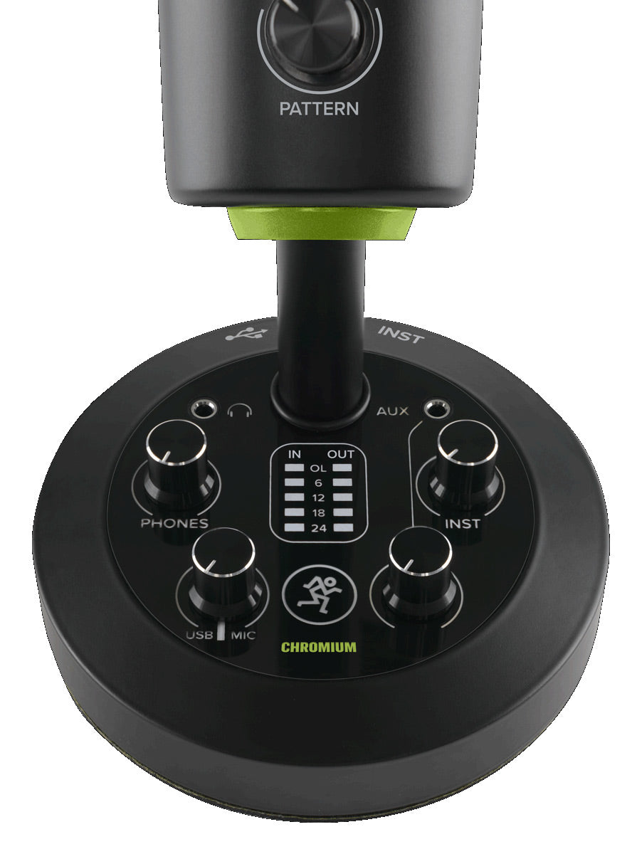 Mackie Chromium USB multi-pattern condenser microphone with four polar patterns, built-in 2-channel mixer, Onyx preamp circuitry, USB-C, and headphone monitoring