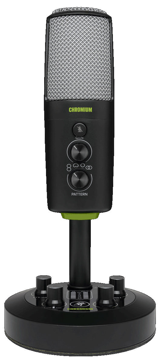 Mackie Chromium USB multi-pattern condenser microphone with four polar patterns, built-in 2-channel mixer, Onyx preamp circuitry, USB-C, and headphone monitoring