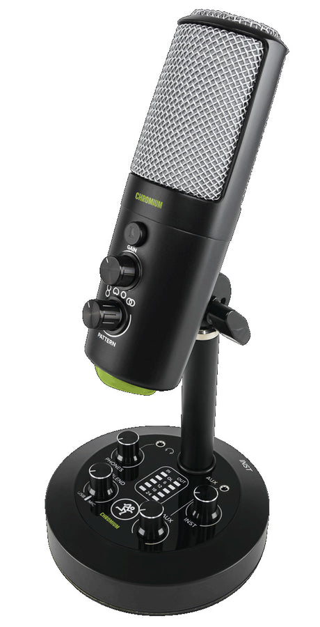 Mackie Chromium USB multi-pattern condenser microphone with four polar patterns, built-in 2-channel mixer, Onyx preamp circuitry, USB-C, and headphone monitoring