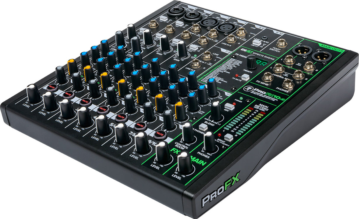 Mackie ProFX10v3 10-channel effects mixer with USB, 4 Onyx mic preamps, 24 built-in FX, 2 compressors, and 24-bit/192kHz recording