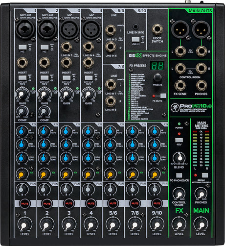 Mackie ProFX10v3 10-channel effects mixer with USB, 4 Onyx mic preamps, 24 built-in FX, 2 compressors, and 24-bit/192kHz recording