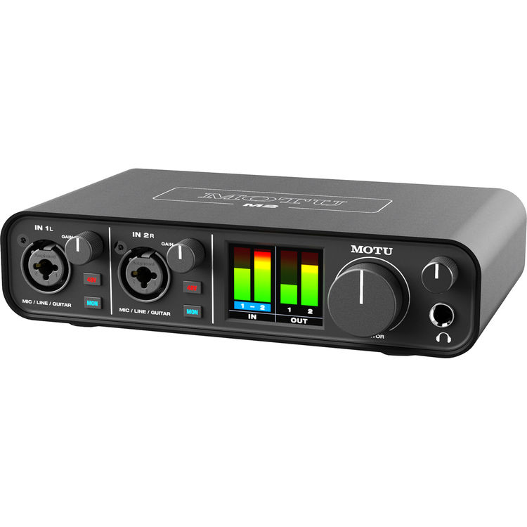 MOTU M2 2-channel USB-C audio interface with two XLR TRS combo inputs ESS Sabre32 converters LCD meters MIDI I/O and loopback