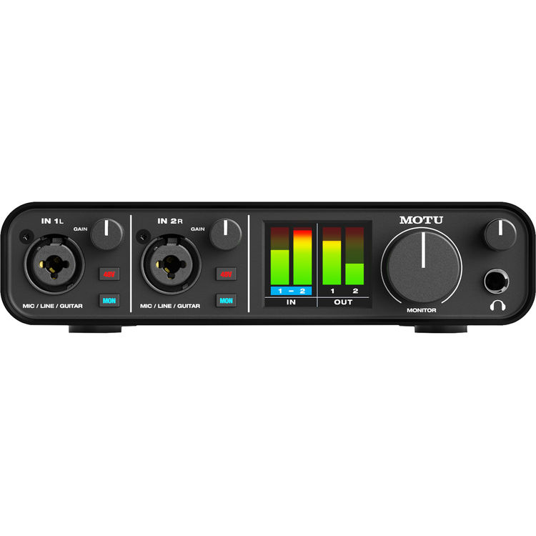 MOTU M2 2-channel USB-C audio interface with two XLR TRS combo inputs ESS Sabre32 converters LCD meters MIDI I/O and loopback