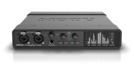 Top angled view of MOTU UltraLite mk5 18x22 USB audio interface in a half-rack black metal chassis with front-panel XLR/TRS combo mic inputs, gain knobs, OLED display, headphone jack, and rear ports including line ins/outs, optical ADAT, S/PDIF RCA, MIDI, and USB-C