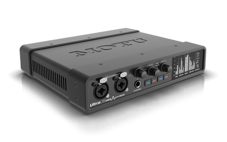 Left angled view of MOTU UltraLite mk5 18x22 USB audio interface in a half-rack black metal chassis with front-panel XLR/TRS combo mic inputs, gain knobs, OLED display, headphone jack, and rear ports including line ins/outs, optical ADAT, S/PDIF RCA, MIDI, and USB-C