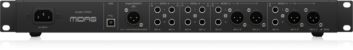 Midas HUB4 PRO 96kHz Monitor System Hub, 4 PoE Ports, AES50 In/Through, 16 Analogue Outputs