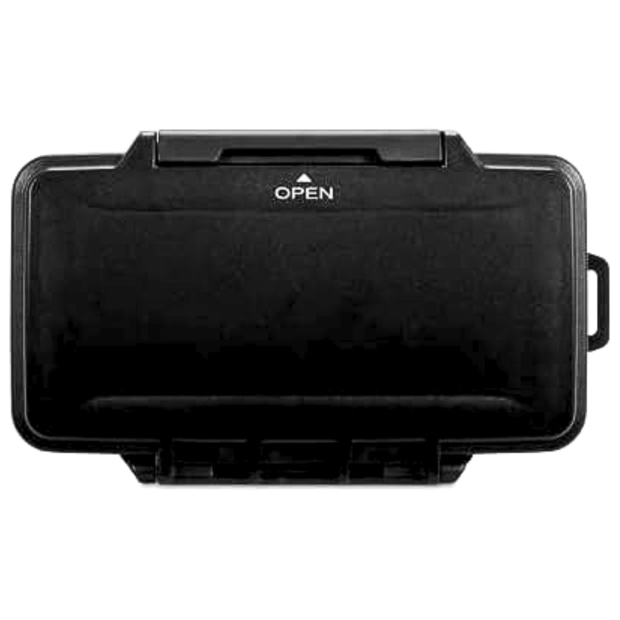 Top view of Pelican 0915 Micro SD memory card case in black with 'Open' label on