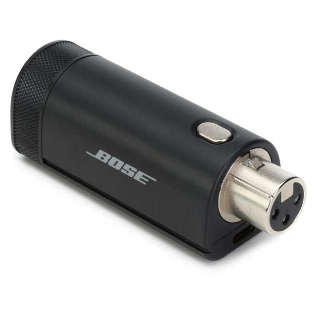 Bose S1 Pro+ Wireless Mic/Line Transmitter – XLR, black plug‑on RF transmitter with female XLR connector, side power/mute button, and textured end cap for use with Bose S1 Pro+ portable PA system.