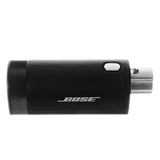 Bose S1 Pro+ Wireless Mic/Line Transmitter – XLR, side view of compact black plug‑on transmitter with knurled battery cap, silver power/mute button, and female XLR connector for Bose S1 Pro+ PA