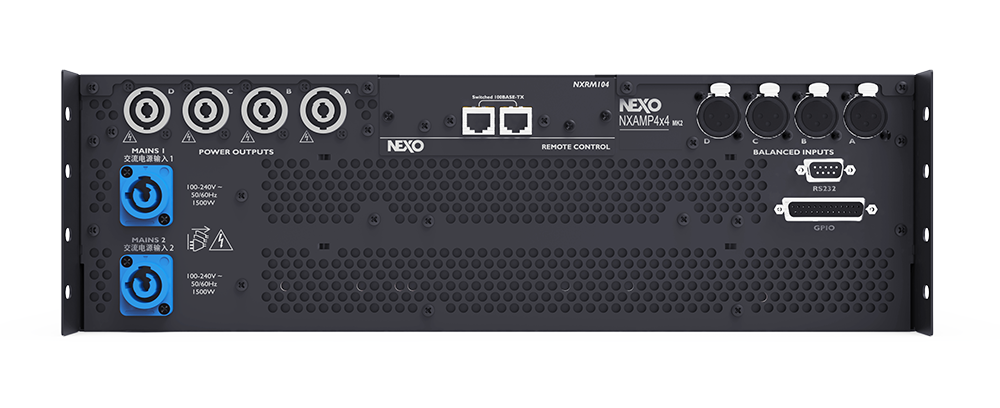 NEXO NXAMP4x4MK2 4-channel 4500W amplifier with Class D amplification DSP processing color touchscreen and network control