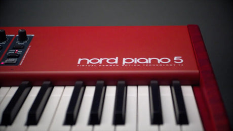 Close up view of Nord Piano 5 88 Note Triple Sensor Stage Keyboard in signature red finish with triple sensor weighted action